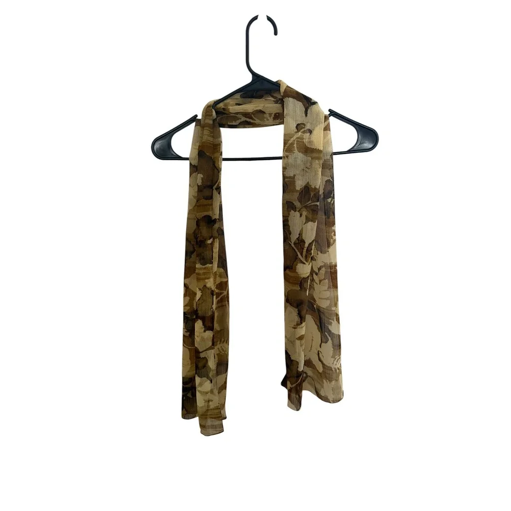 Womens Brown Beige Floral Oblong Scarf Lightweight Sheer 58x12 Boho